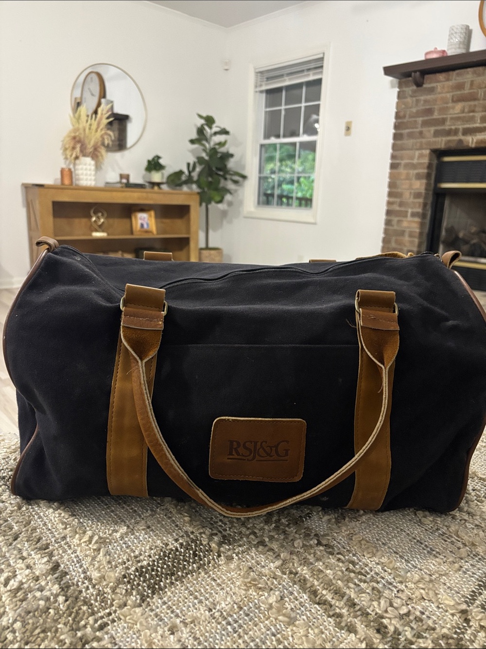 RSJ&G Black Canvas Weekend Travel Duffel Bag with Brown Leather Trim‎